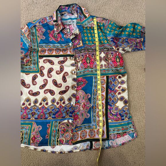 ZARA Patchwork scarf Print Satin Effect Shirt buttondown blouse boho 70’s Sz M - Picture 9 of 11